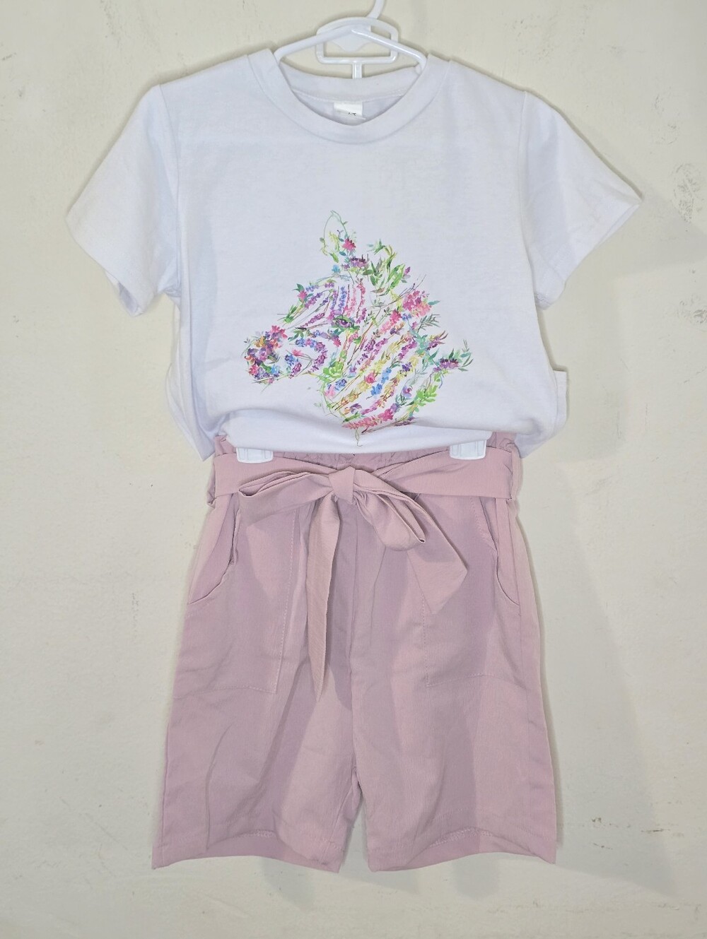 Girls Zebra Floral Tee & Paperbag Shorts Set Size 5-6T White Pink Cute Casual